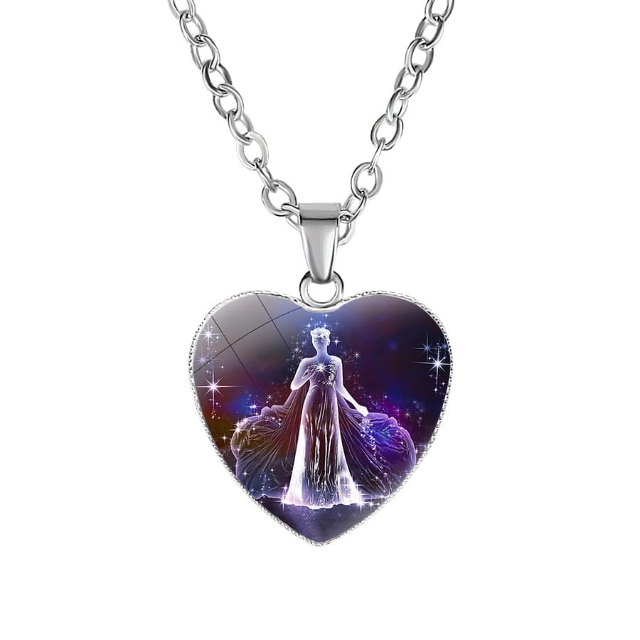 Silver heart-shaped pendant necklace featuring a glowing ethereal figure in a flowing gown against a cosmic purple and blue starry background from the Zodiac Celestial Heart Pendant Galaxy Constellation Necklace collection.