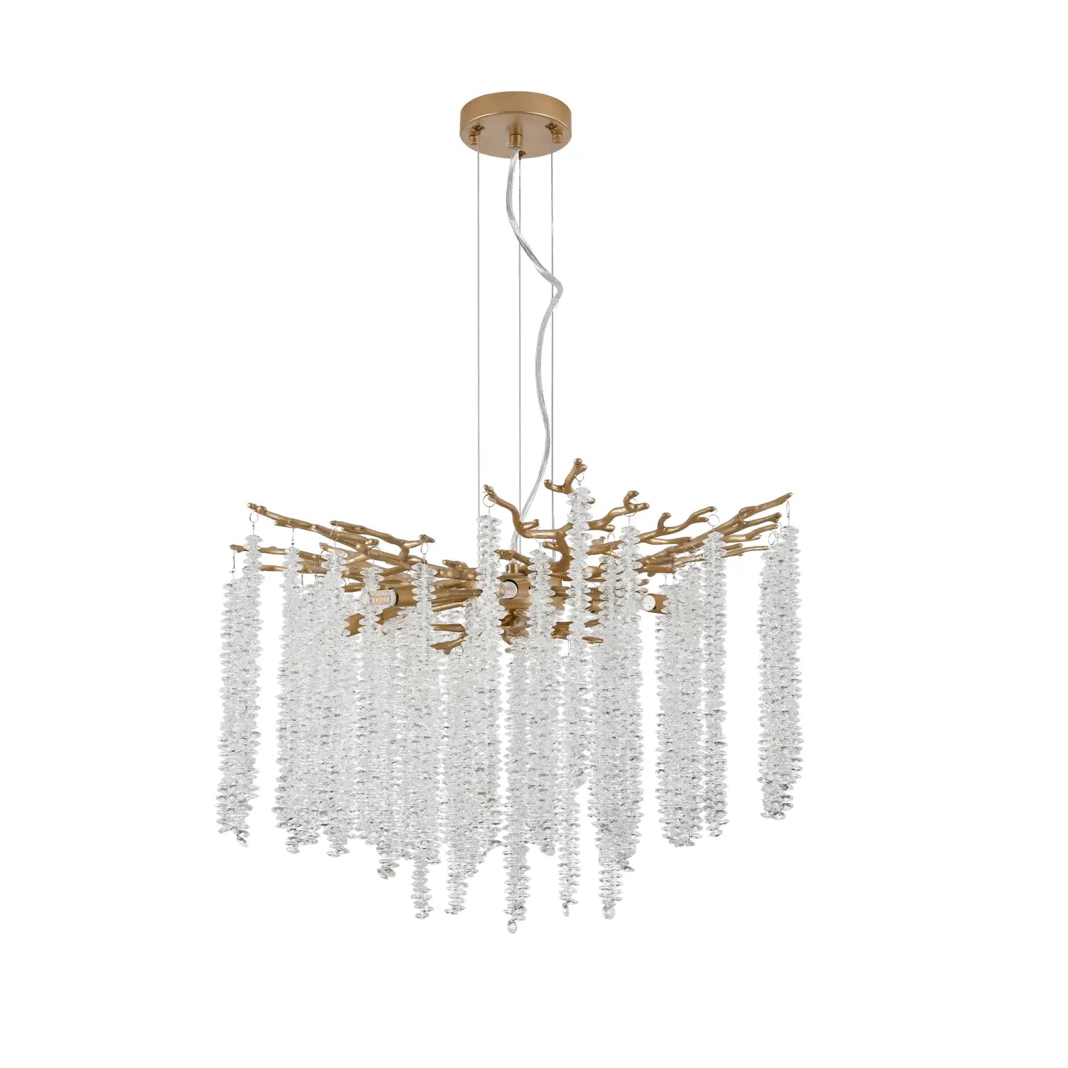 24 inch gold crystal waterfall pendant light featuring gold-toned branching metal arms and cascading clear crystal beads.