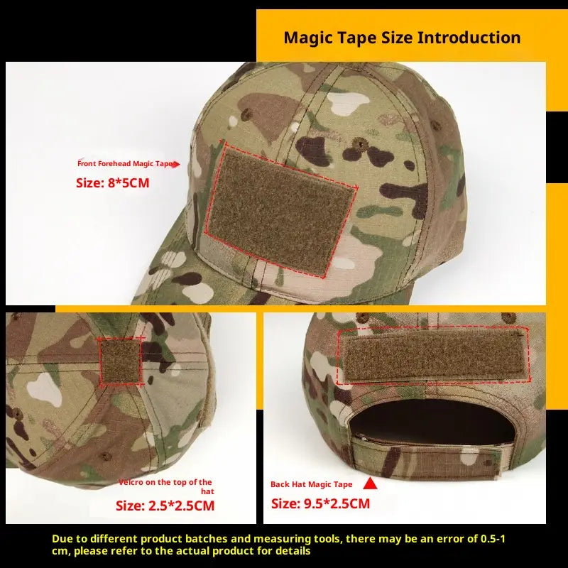 Tactical camouflage mens baseball cap in green with adjustable velcro strap and attached magnetic tape patches shown from the back for military sun hat use.