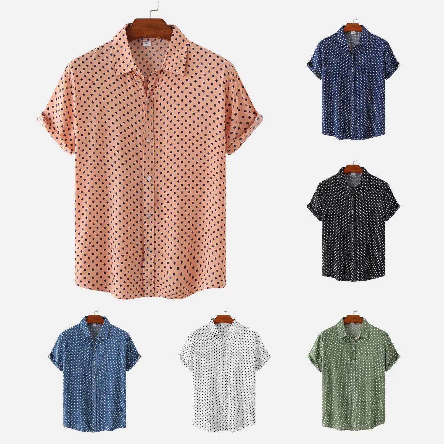 a men plus size peach-colored short-sleeved button-up shirt made from lightweight fabric with a subtle dark brown polka dot pattern