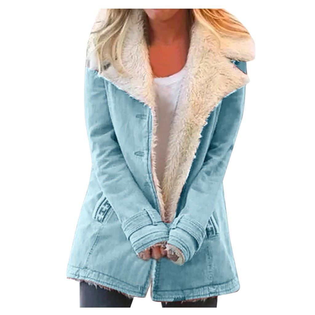 Light blue women fleece cotton padded jacket with a plush cream-colored shearling lining.