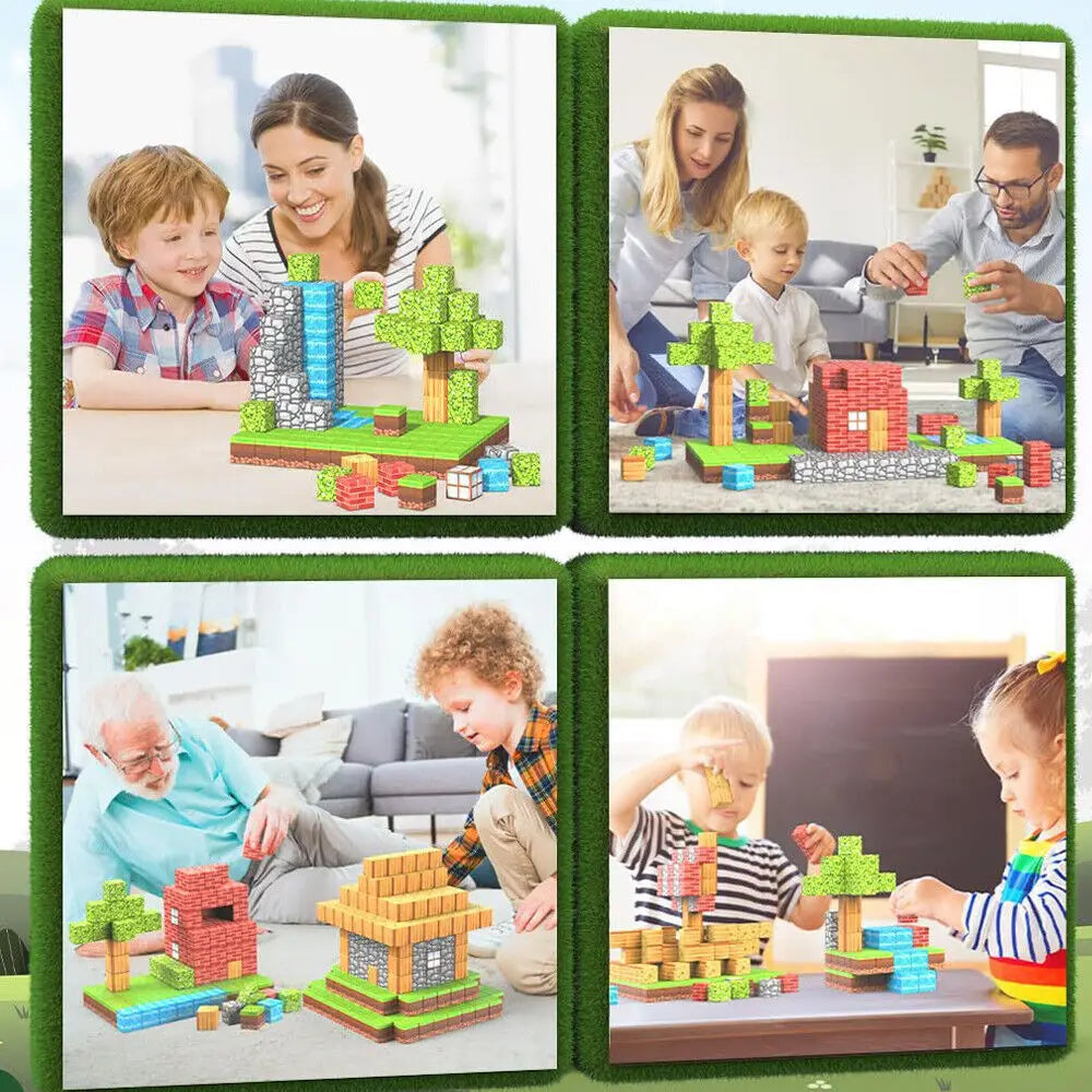 Colorful blocky minecraft-themed magnetic building blocks made of plastic in a 100-piece educational toy set.