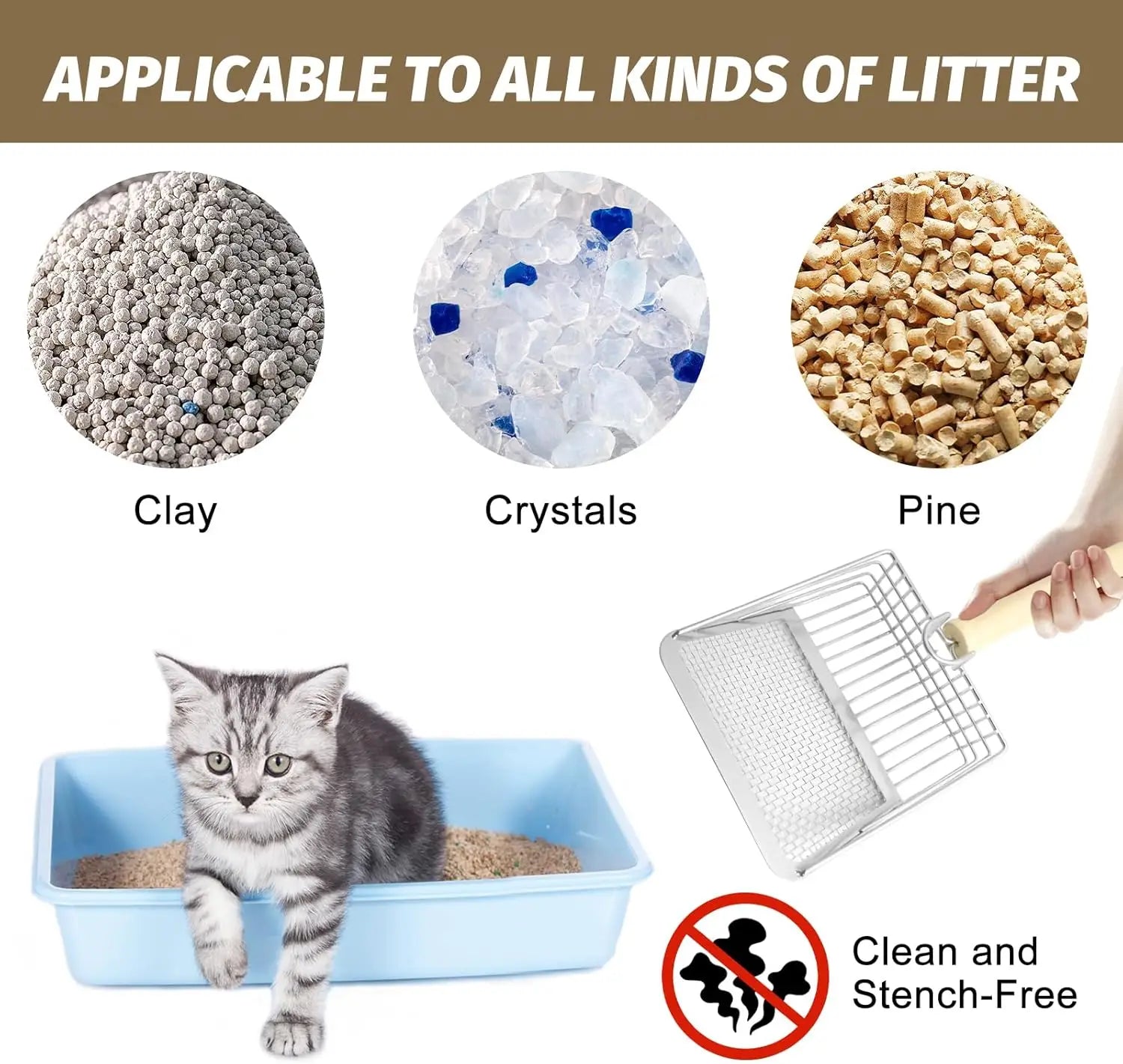 silver metal cat litter scoop with wooden handle featuring a sleek design for easy cleaning
