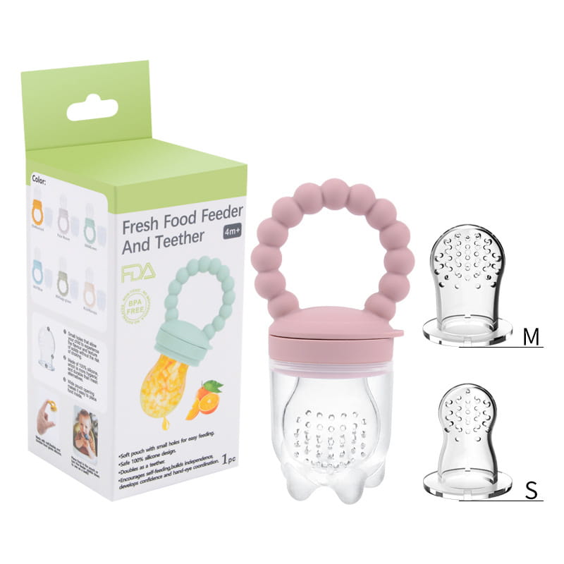 Rosa Silikon- und transparentes Kunststoff-Baby-Obstfüttergerät mit Perlengriff, gestaltet als Teether- und Schnuller-Set für die Zuführung frischer Nahrung.