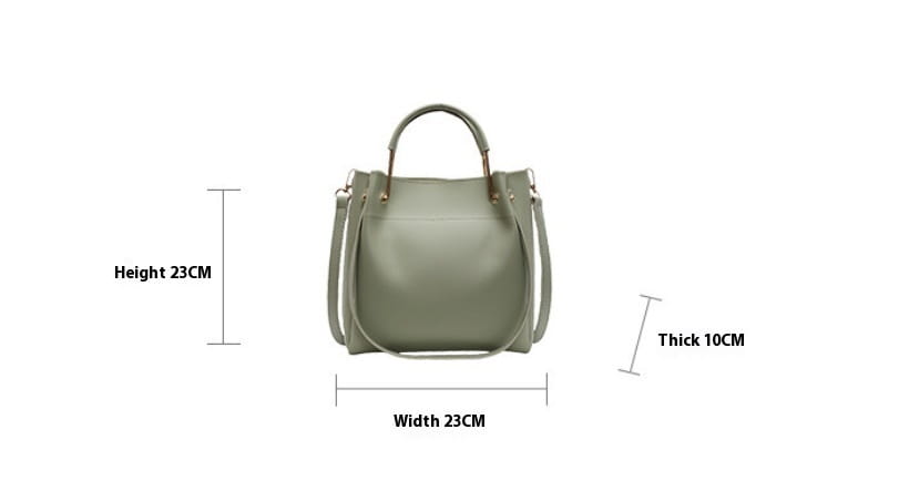 Olive green faux leather minimalist leather bucket bag with top handle and detachable shoulder strap shown from the front.