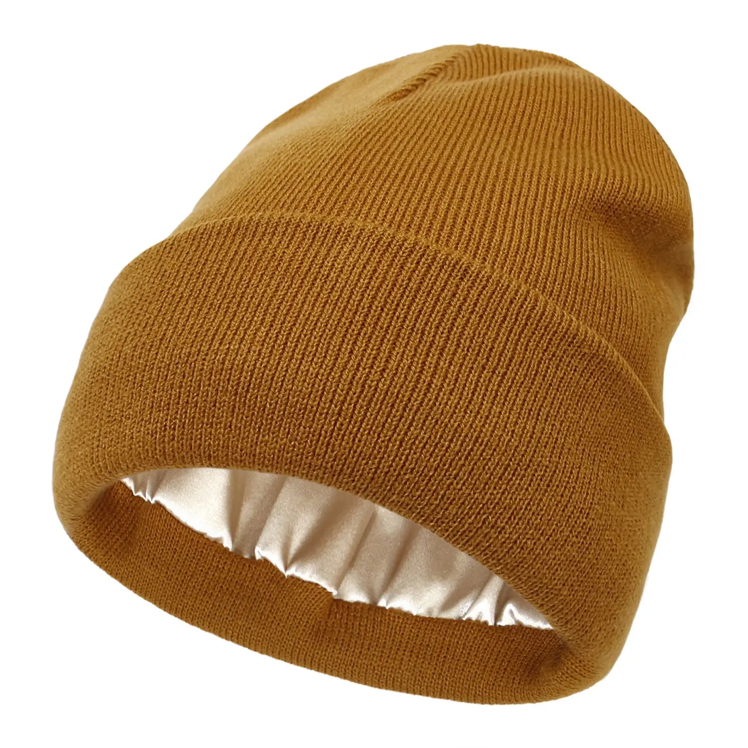 A warm mustard-yellow ribbed knit beanie with a satin-lined interior designed as a warm winter hat.