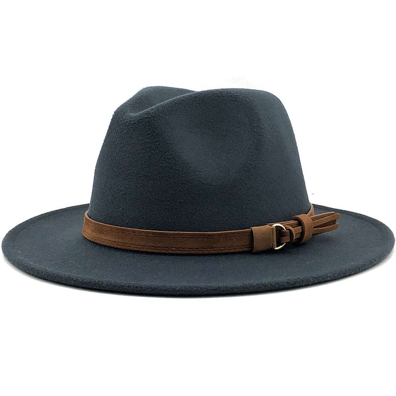 Dark gray wool fedora hat featuring a brown leather belt and buckle.