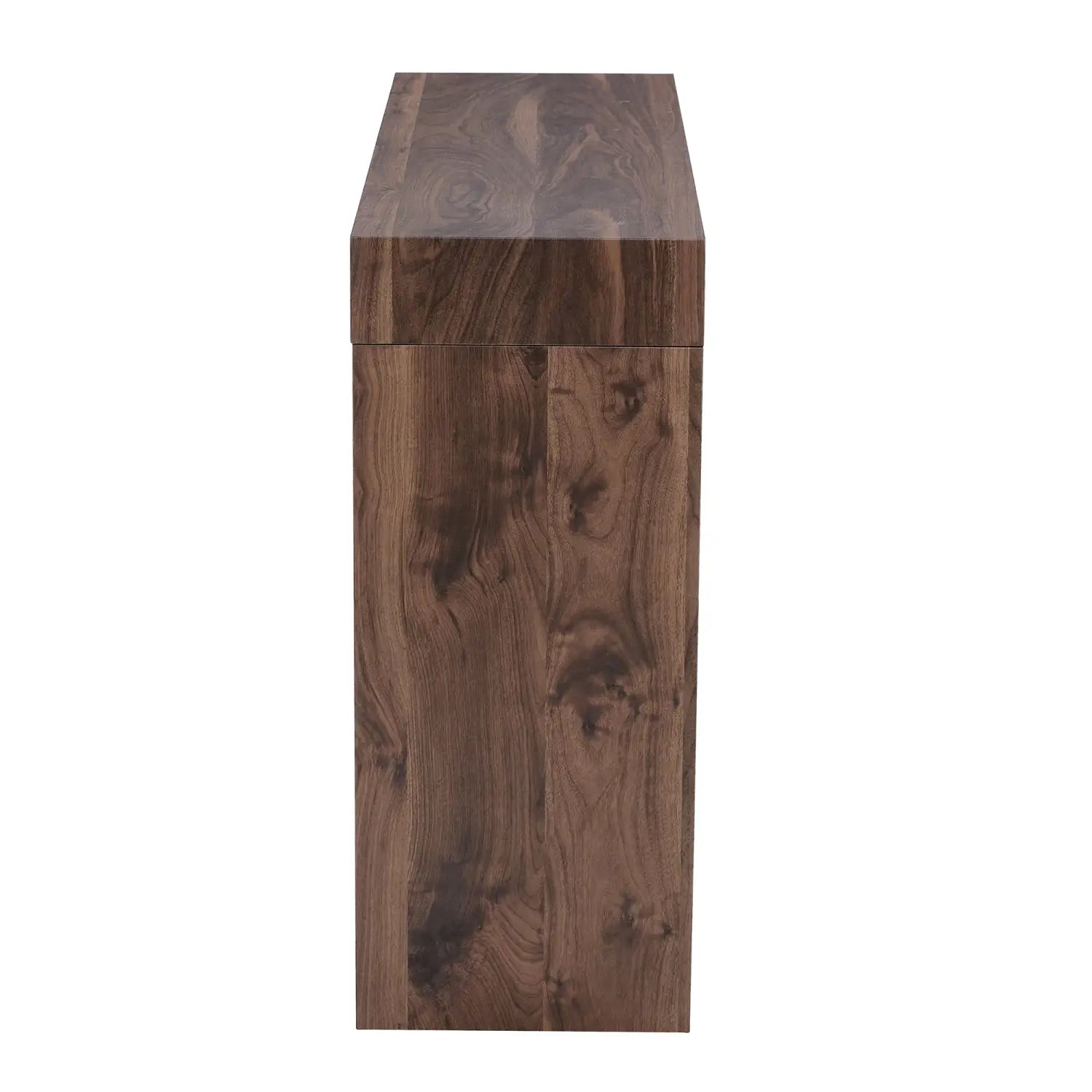 Dark brown walnut wood bar table with double drawers and a smooth polished finish showcasing natural wood grain patterns.