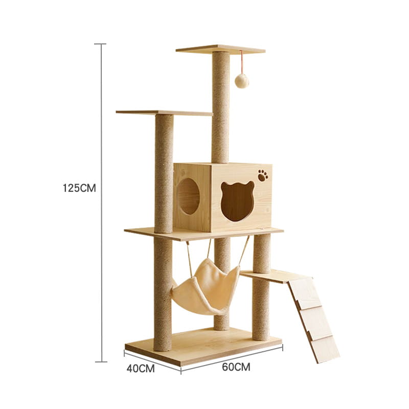 Beige wooden cat tree scratching post and condo featuring a bear-faced cubby, hanging hammock, and multiple scratching posts.