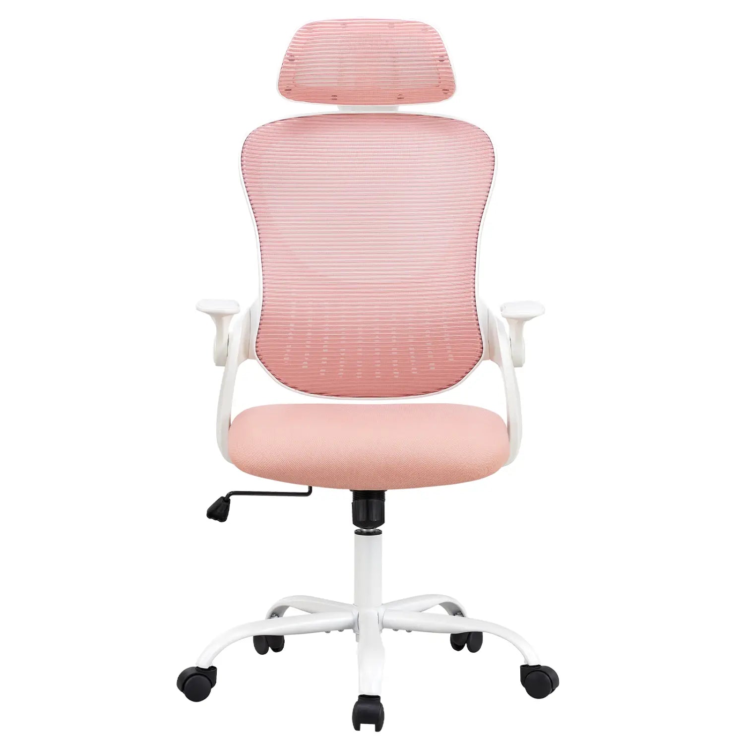 Chaise de bureau ergonomique en maille avec accoudoirs relevables en matériau de maille rose, cadre blanc et roulettes noires, conçue pour un confort optimal au bureau.