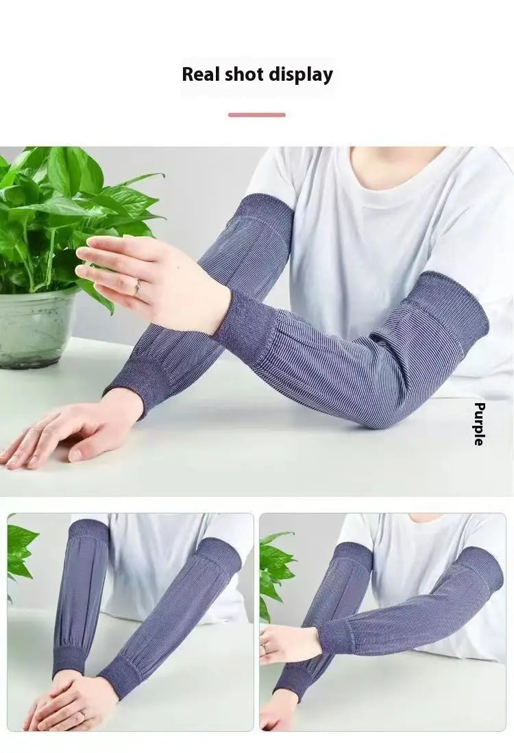 purple knitted sun protection cooling arm sleeves with ribbed texture and elastic cuffs designed for breathability and elasticity