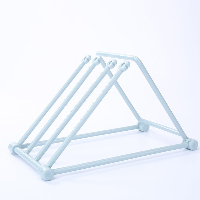 Light blue plastic foldable dishcloth rack with four angled bars and rounded end caps for organizing kitchen towels.
