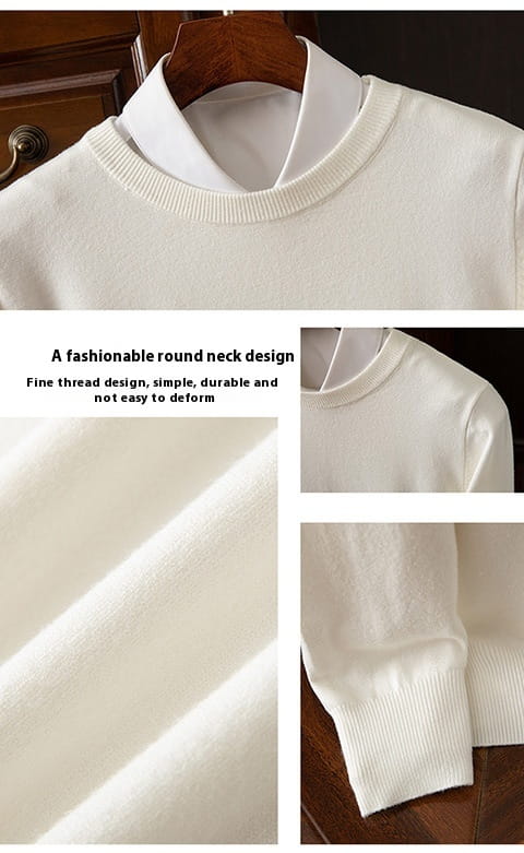 Suéter tipo pulóver de cuello redondo acanalado para hombre blanco, elegante, confeccionado con hilo de punto fino, con puños acanalados para mayor durabilidad.