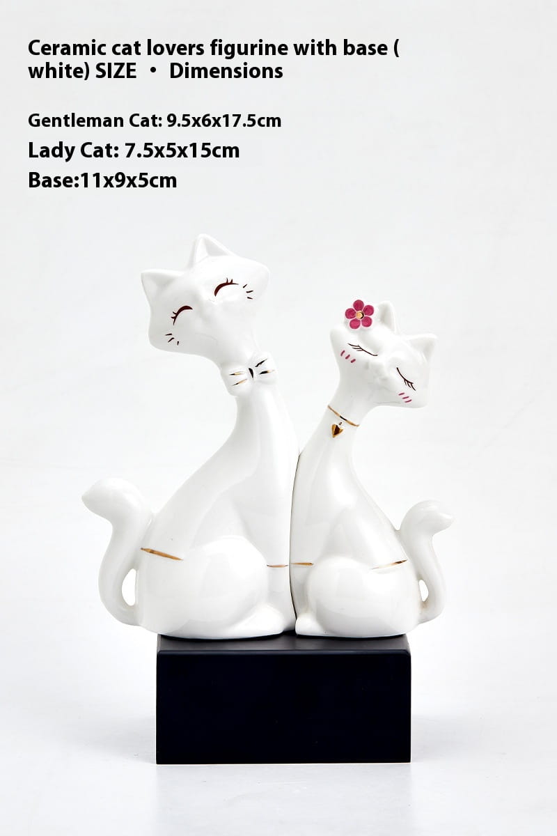 White ceramic cat lovers figurine set with gold accents on a black base for modern gold and white home decor.