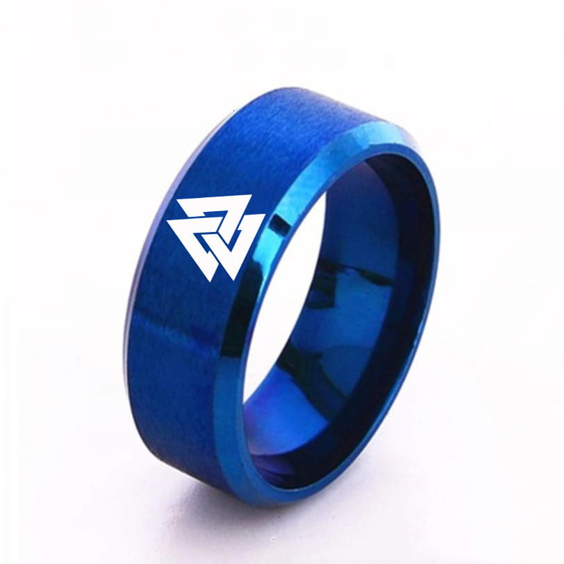 A sleek vibrant blue titanium ring featuring a white valknut viking symbol engraved on its outer surface from the engraved valknut viking symbol stainless steel band ring collection.