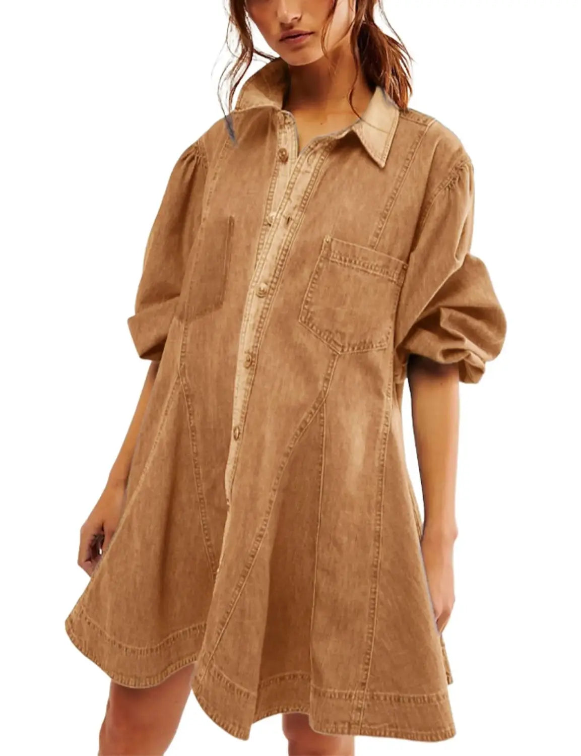 A tan loose-fitting denim shirt dress featuring puffed lantern sleeves, patch pockets, and a button-front design.