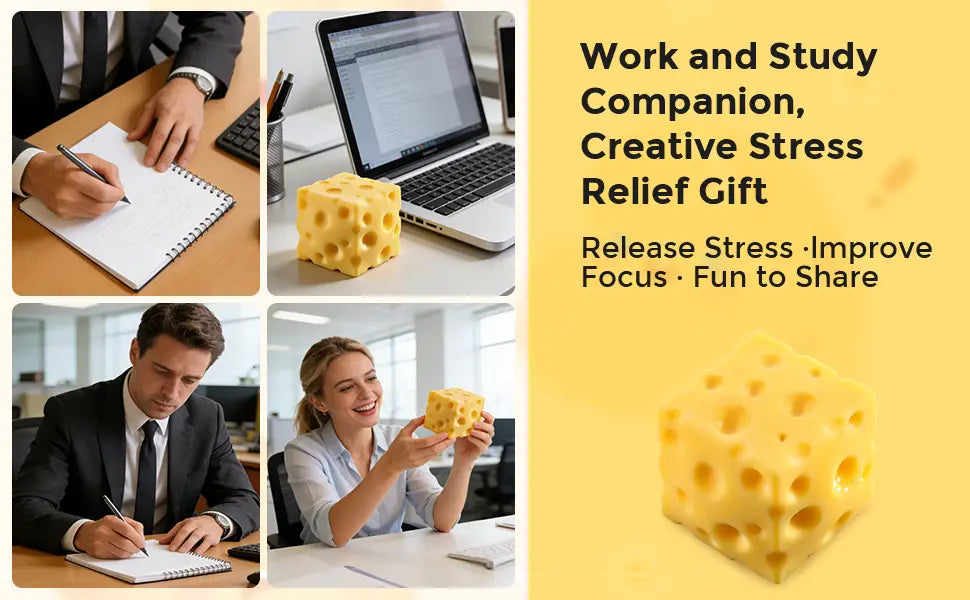 Cube de fromage suisse jaune, jouet antistress malléable au rebond lent, conçu pour soulager le stress et favoriser la relaxation.