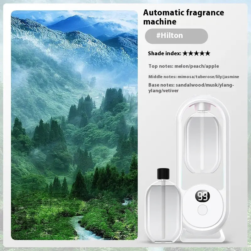 White digital aroma diffuser automatic air freshener lamp with a digital display showing 99 and a matching transparent fragrance bottle.