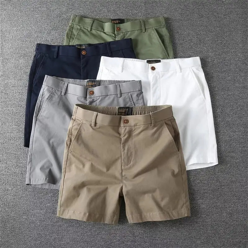 men casual slim fit cargo shorts in beige chino fabric with a relaxed fit and elastic waistband