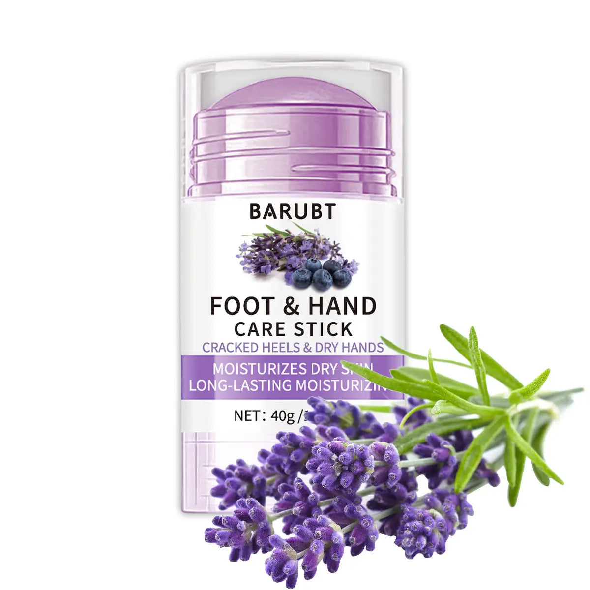 Crème bâton pour le soin hydratant des mains et des pieds Barubt à la pêche au parfum de lavande, 72 g, dans un tube en plastique transparent avec un capuchon violet assorti, portant la marque barubt.