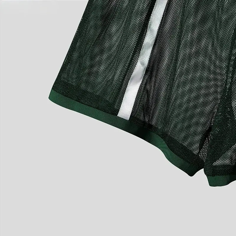 Men quick dry white mesh athletic shorts featuring dark green mesh fabric with a contrasting white satin stripe and solid green trim.