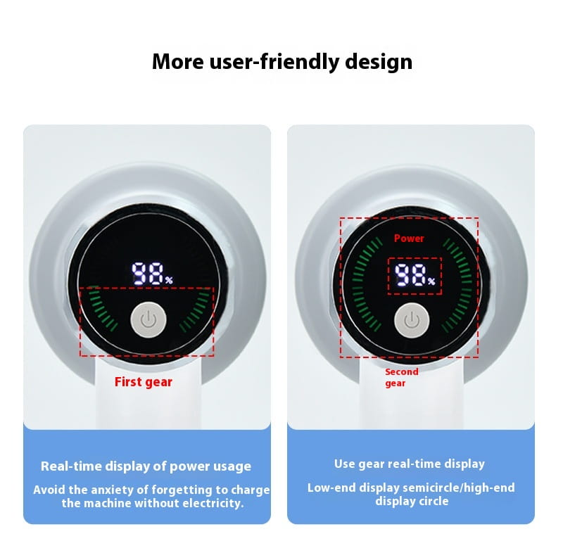White circular digital power meter with black display showing 98 percent and green LED indicators for two gear modes on electric cleaning brush wireless smart scrubber tool.