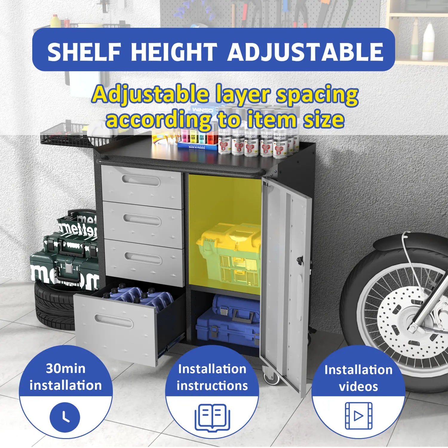 Black and gray metal tool storage cabinet with wheels featuring four adjustable sliding drawers and a height-adjustable shelf for organizing tools and supplies.