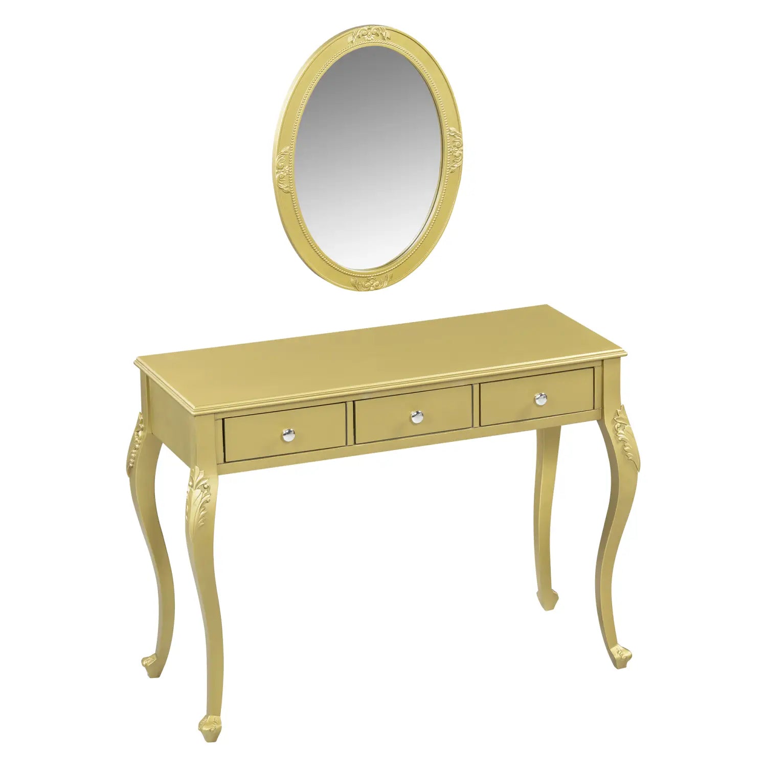 gold-finished ornate vanity table with three drawers and an oval mirror mounted above it designed for makeup application and storage.