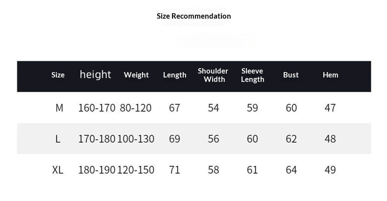 Size recommendation chart for a Tang Style fleece sport jacket displaying measurements in centimeters for sizes M, L, and XL.