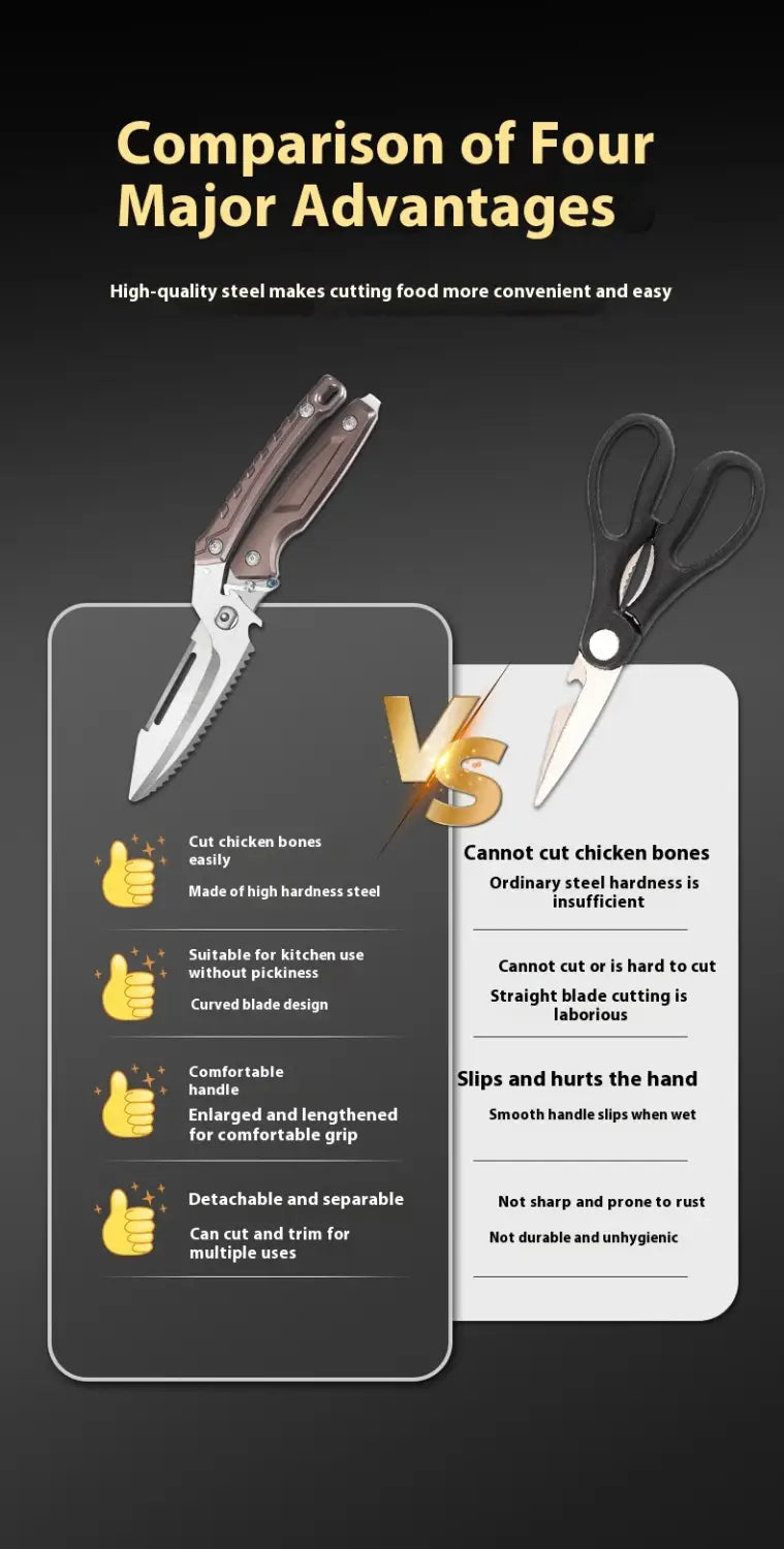 A sleek high-quality stainless steel kitchen shears with a black handle and curved blade design for cutting chicken bones.