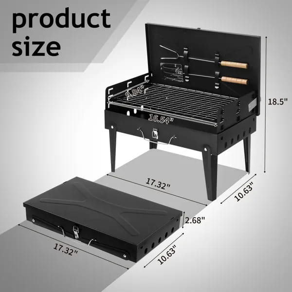 Black portable charcoal grill with wooden-handled tools and matching storage lid made of steel in a 44cm folding square design for barbecue use.