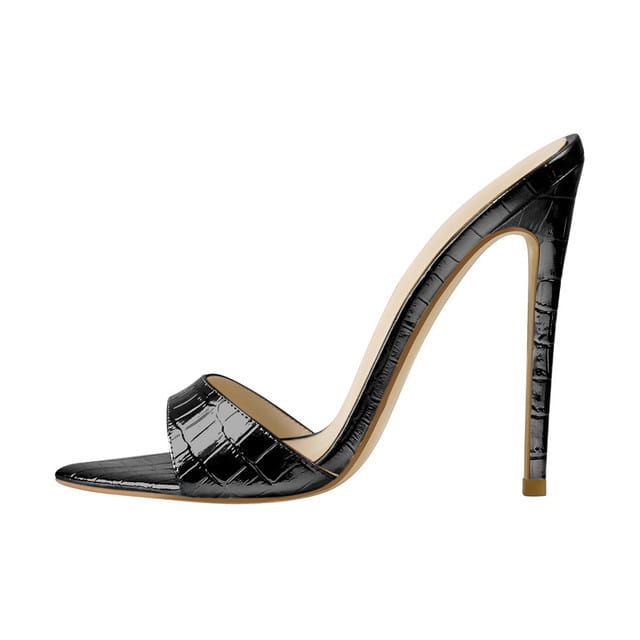 Black crocodile-embossed high-heeled mule sandal with pointed toe and slender stiletto heel in a sleek glossy finish.