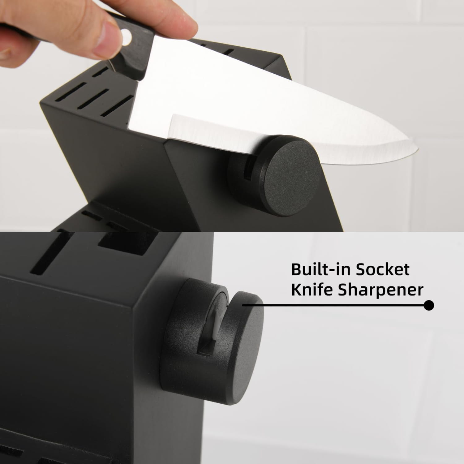 Bloque rectangular para cuchillos de acero alemán Black con afilador de toma integrado y ranuras para cuchillos en un set de 19 piezas