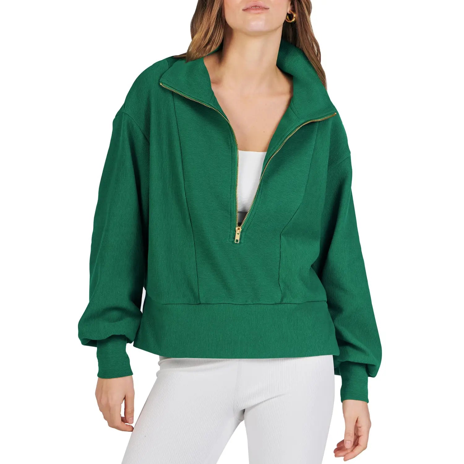 A vibrant green ribbed knit half-zip pullover sweatshirt with gold-toned zipper accents.