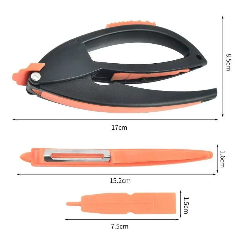 orange and black foldable vegetable peeler with a stainless steel blade from a garlic press and vegetable peeler kitchen tool set