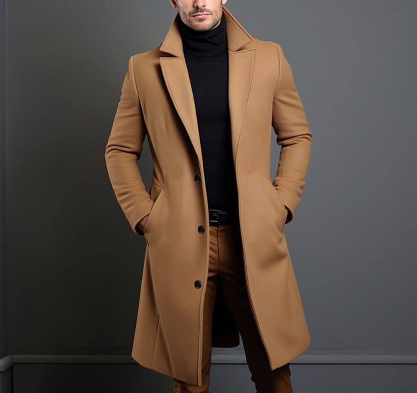 A sleek camel-colored wool overcoat with a classic notched collar and three black buttons designed as a men’s woolen trench coat for business wear.