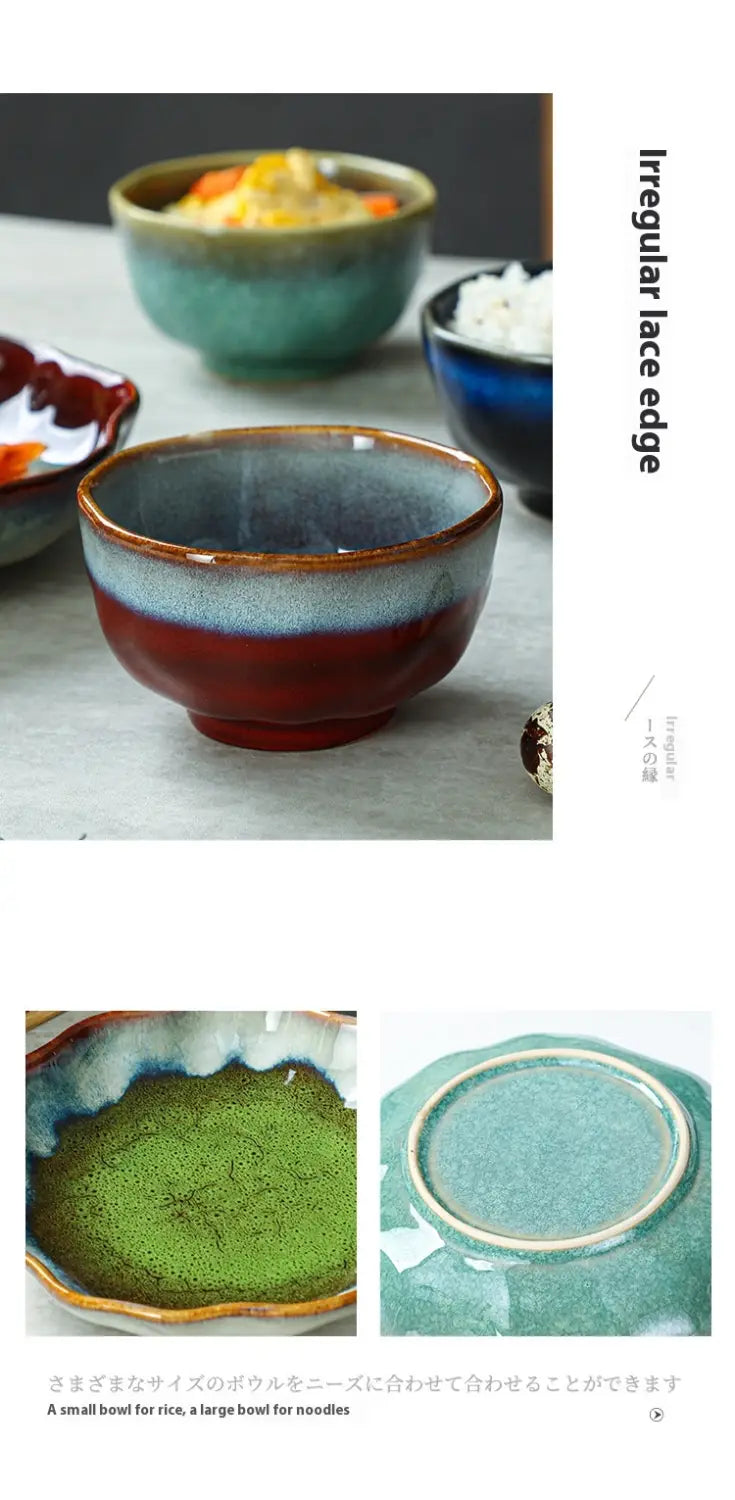 A ceramic tableware set scalloped fambe diamond dish featuring a ceramic bowl with a two-tone glaze with a deep red base and a gradient blue rim.