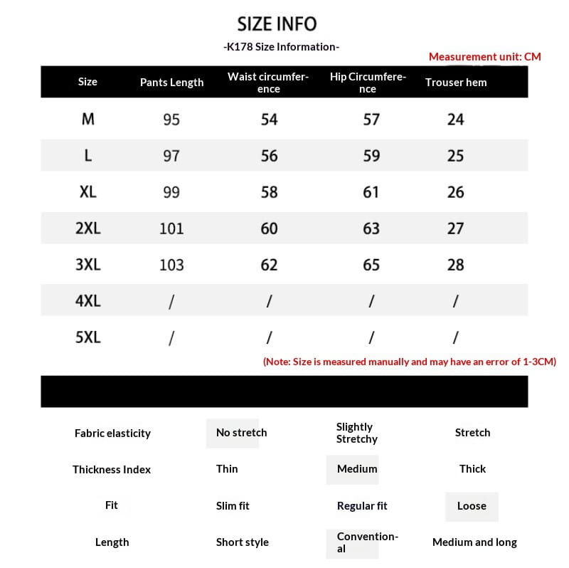 Size information chart for wide leg corduroy drawstring pants k178 displaying measurements in centimeters from m to 5xl along with fabric stretch level and fit type.