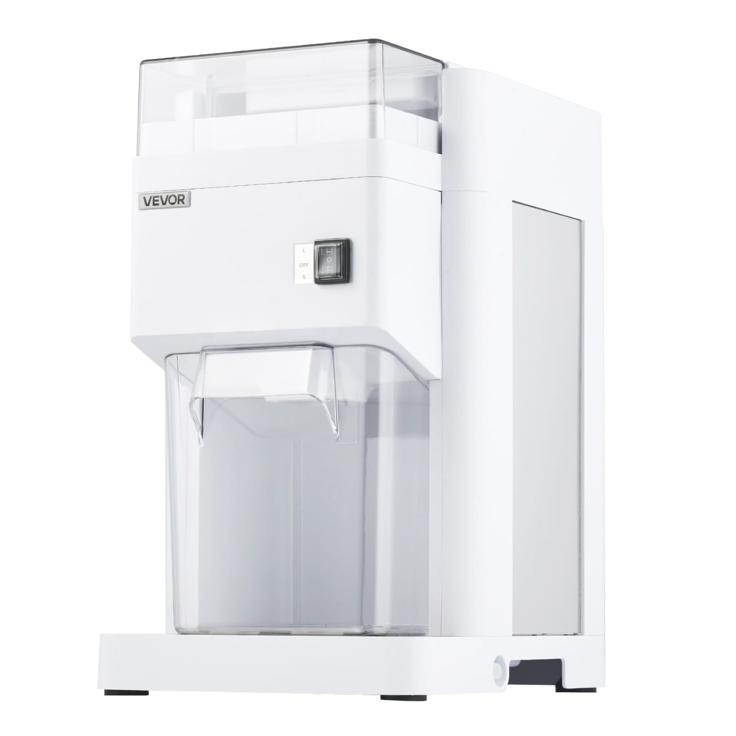 Machine commerciale électrique d’écrasement et de rasage de glace Vevor 300 W avec trémie à grains transparente et bac de collecte des résidus, conçue pour un broyage et un concassage efficaces.