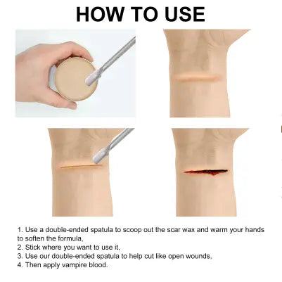 Boîte de cire pour cicatrices circulaire beige avec une spatule à double extrémité pour l’application dans un coffret de maquillage SFX, pour des cicatrices et des plaies d’Halloween réalistes.