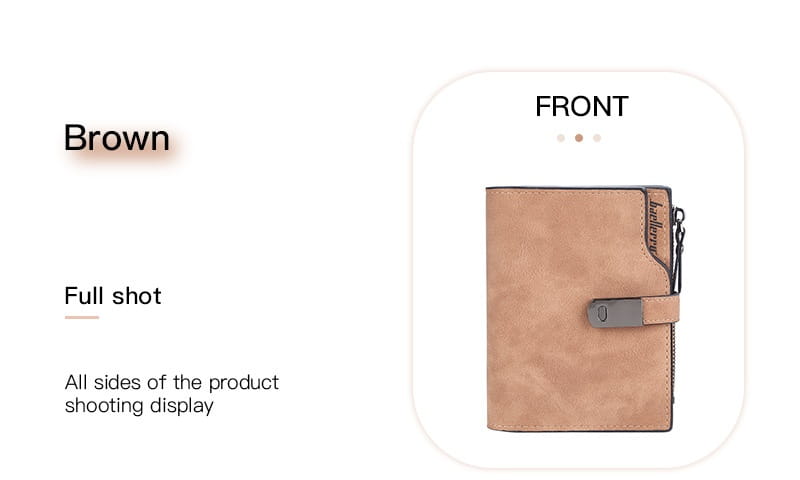Brown leather womens short faux leather multi slot wallet with zipper closure and metal clasp.