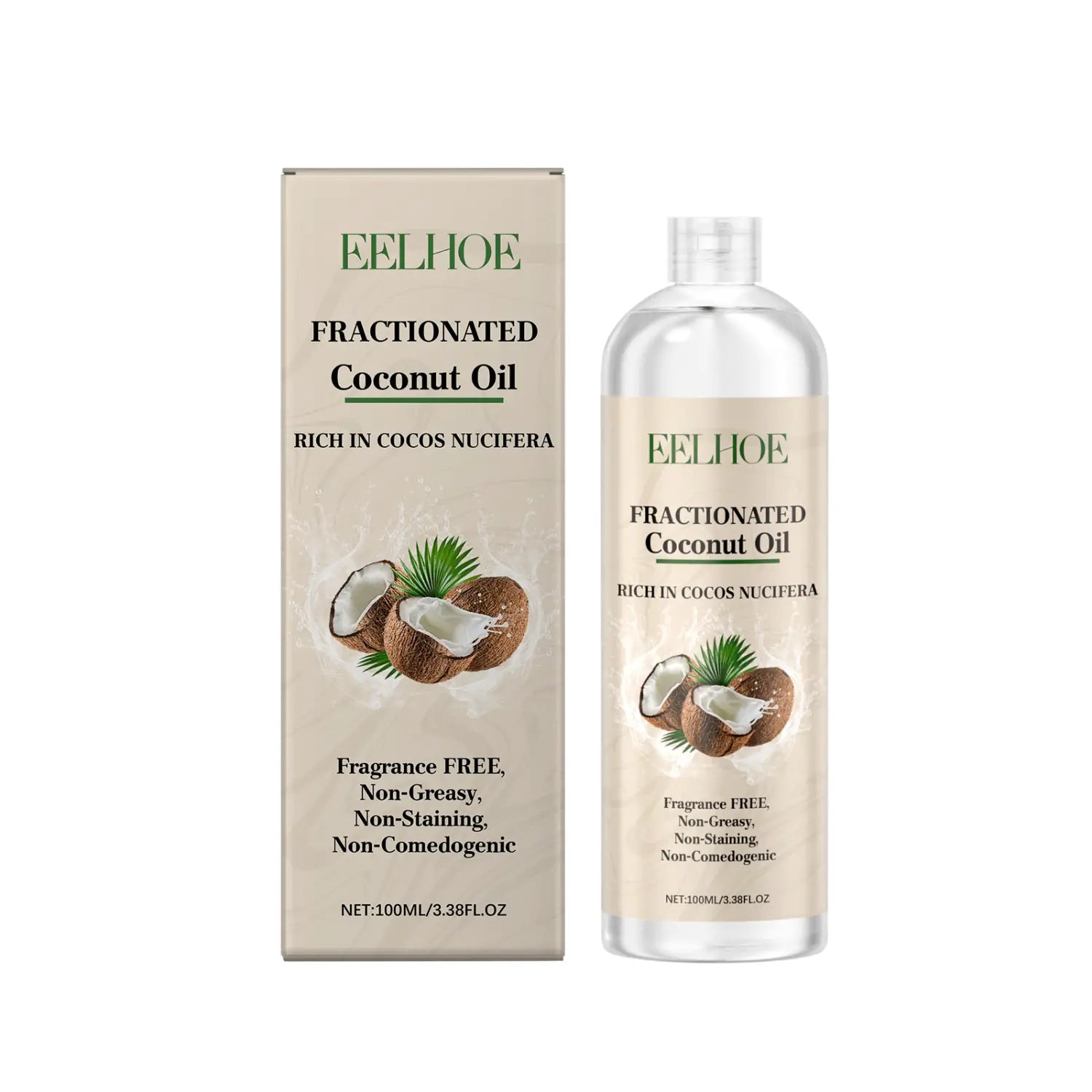 Bouteille en plastique transparente d’huile de coco fractionnée eelhoe, avec une étiquette beige présentant des images de noix de coco et du texte, ainsi qu’une boîte rectangulaire assortie pour un traitement capillaire à l’huile de coco visant la réparation et le lissage.
