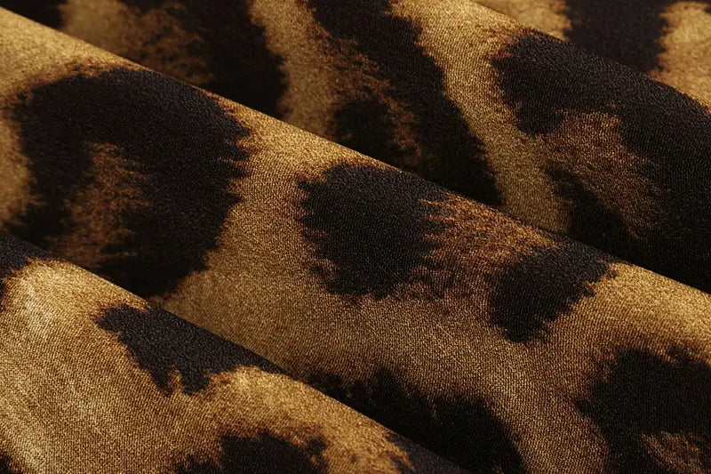 leopard print v neck long sleeve chiffon wrap dress featuring rich brown velvet fabric with bold black leopard print pattern.