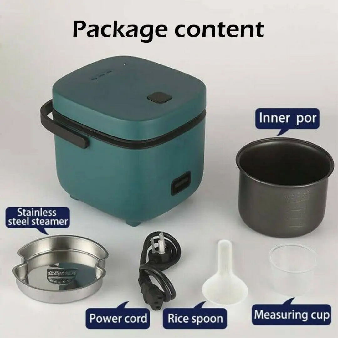 Cocotteuse à riz électrique turquoise avec revêtement intérieur antiadhésif et poignée ainsi que panneau de commande noirs, conçus pour la cuisson vapeur et la cuisson du riz.