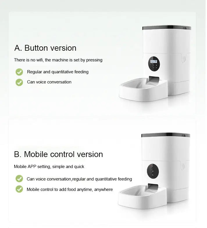 Distributeur automatique pour animaux domestiques blanc avec des éléments noirs et un écran d’affichage numérique du distributeur pour animaux domestiques intelligent Wi-Fi 4,5 l pour chats et chiens