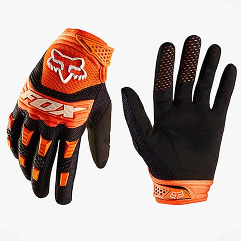 Orange and black Fox Racing motorcycle gloves featuring breathable mesh, perforated grip panels, and a mesh wrist strap shown from the back side.