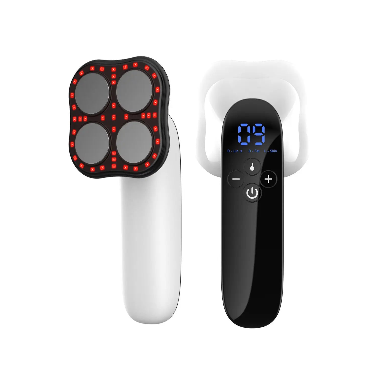 Black and white portable infrared led slimming and facial beauty device with four circular red light panels on the head unit and digital control handle displaying 09.