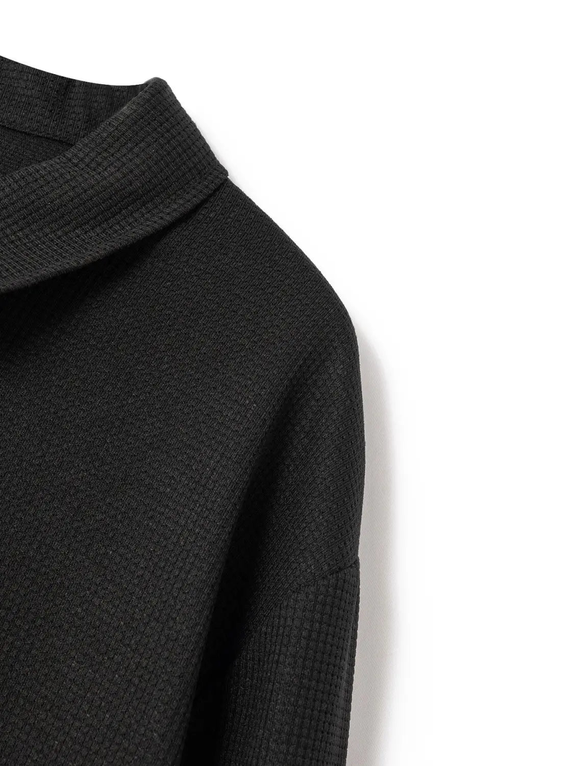 men waffle knit zip cardigan jacket in black textured knit with ribbed collar shown from the front