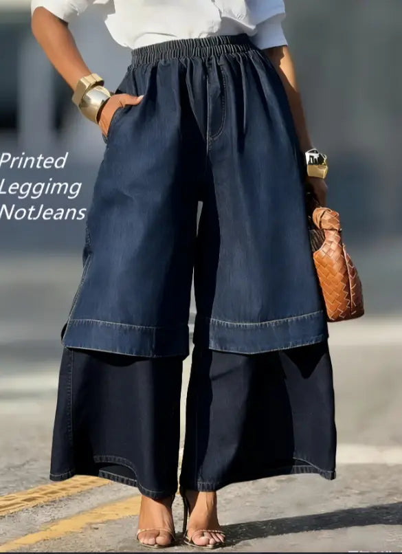 pantalones de pernera ancha desestructurados de mezclilla azul oscuro con cintura elástica y diseño en capas de dos piezas.