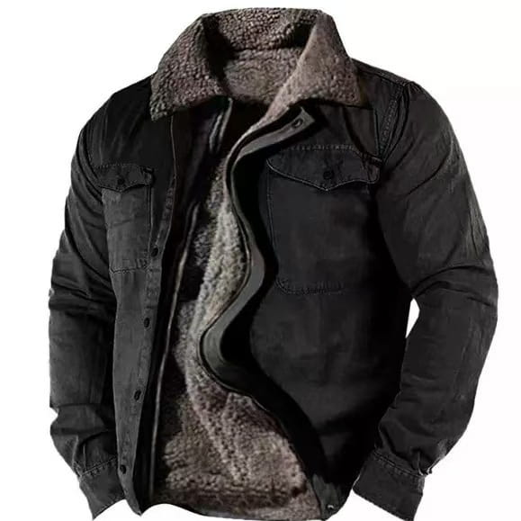 Veste en denim noir pour homme, doublée de polaire, avec un col en shearling gris duveteux et une doublure.